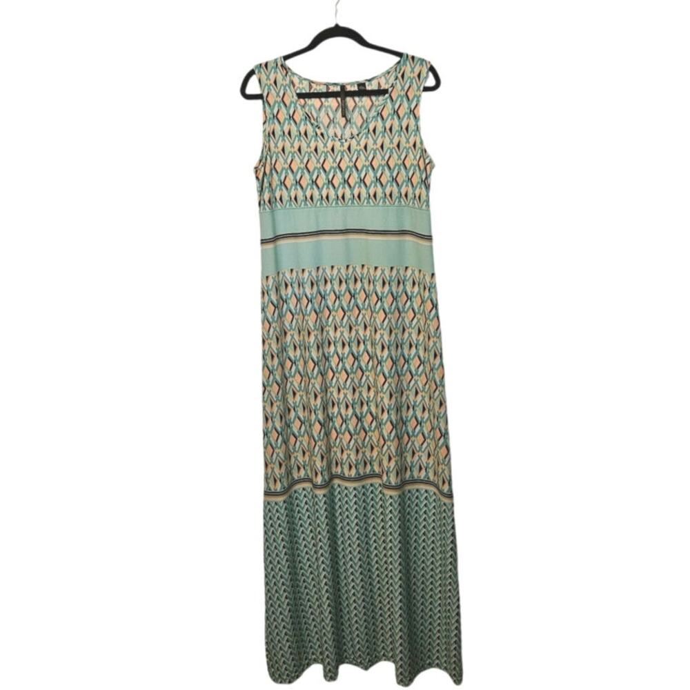 Skye’s The Limit Maxi Dress – Size L – Teal Geometric Print